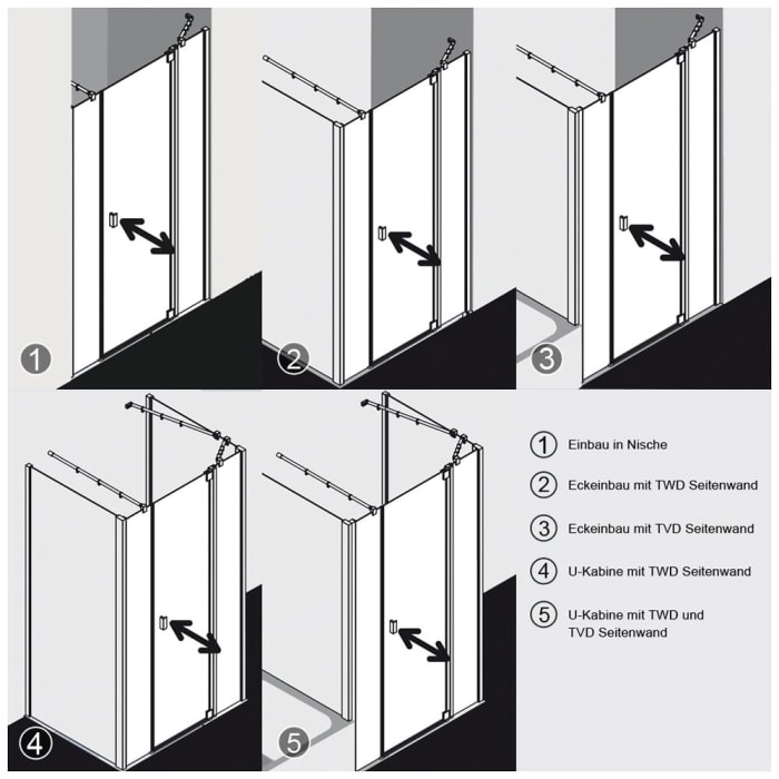 Kermi Raya Pendeltür 1-flügelig mit 2 Festfeldern 130 cm, Anschlag rechts für Nische und Kombination