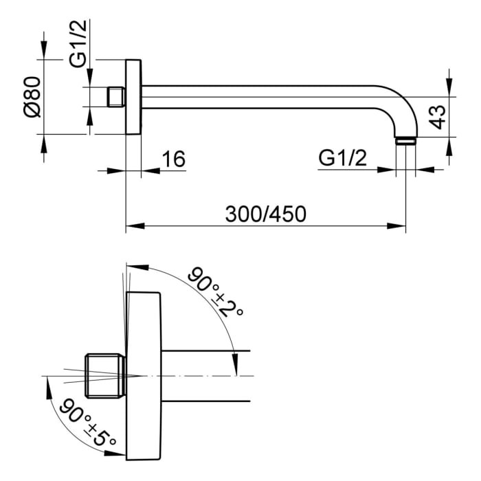 Keuco Brausearm für Wandanschluss, Ausladung 45 cm, rund