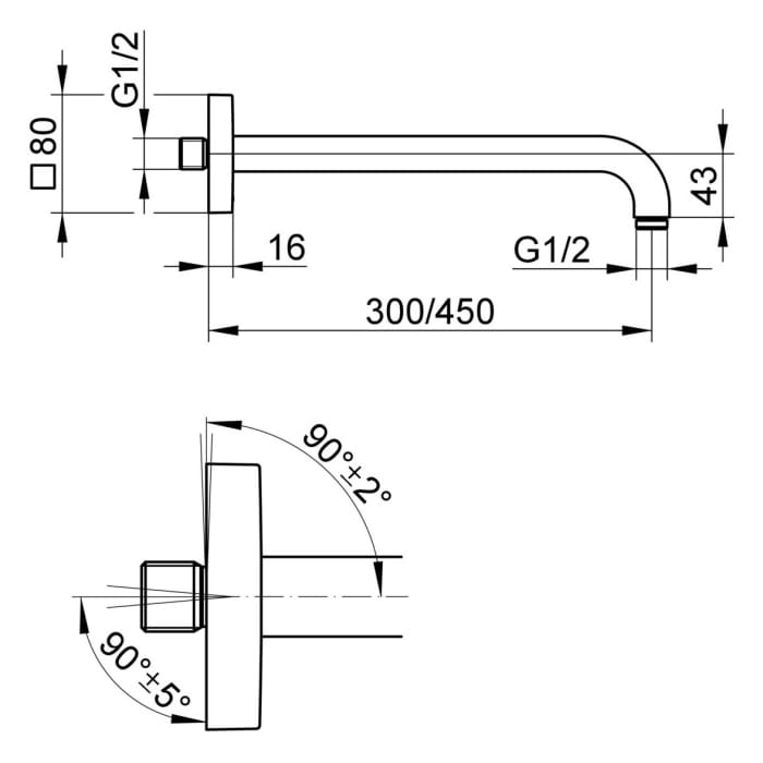 Keuco Brausearm für Wandanschluss, Ausladung 45 cm, eckig