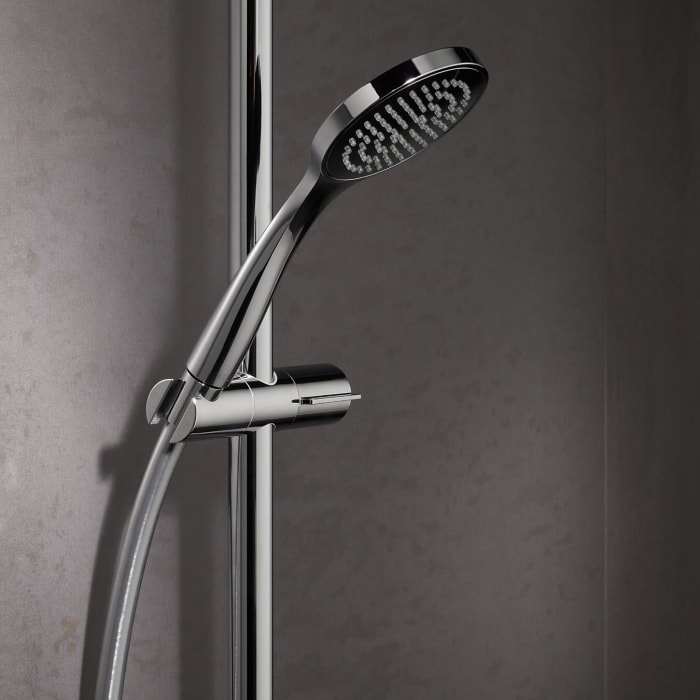 Keuco IXMO Brause-Set mit Brausestange, Ablage, Schlauch und Handbrause, eckige Rosetten