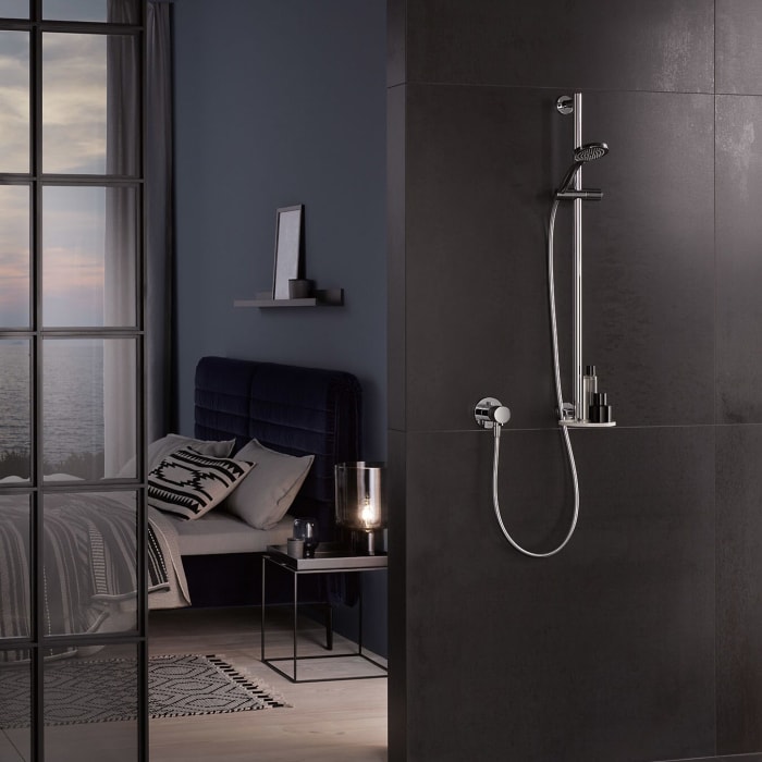 Keuco IXMO Brause-Set mit Brausestange, Ablage, Schlauch und Handbrause, runde Rosetten