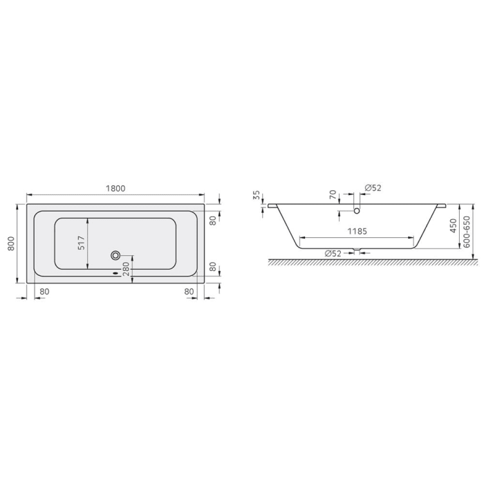 Koralle T200 Badewanne 180 x 80 x 45 cm