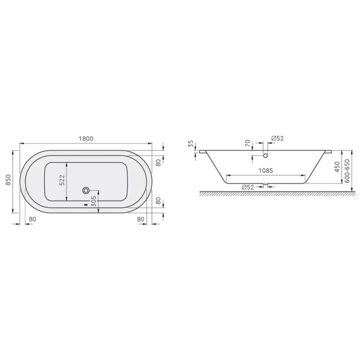Koralle T200 Ovalbadewanne 180 x 85 x 45 cm