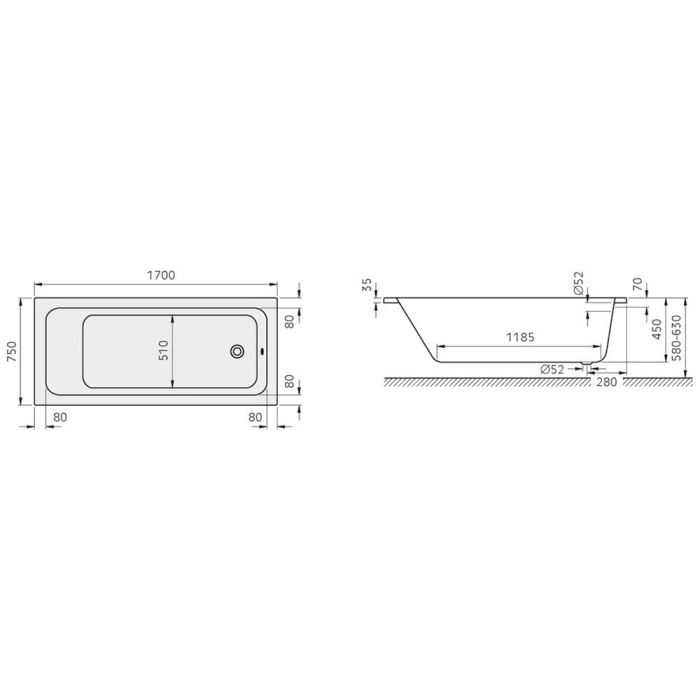 Koralle T200 Badewanne 170 x 75 x 45 cm