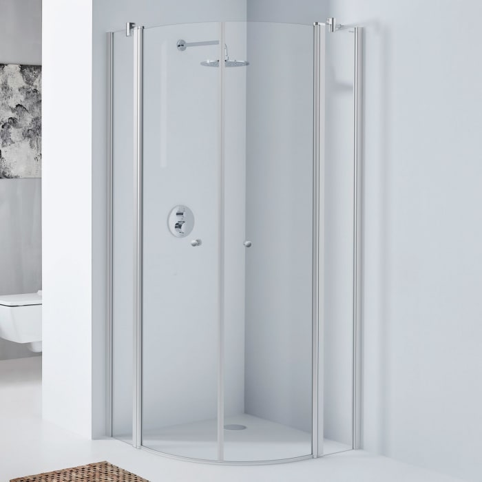 Koralle TwiggyPlus Viertelkreisdusche mit Pendeltür und Festelement 90 x 185 cm, Radius 52