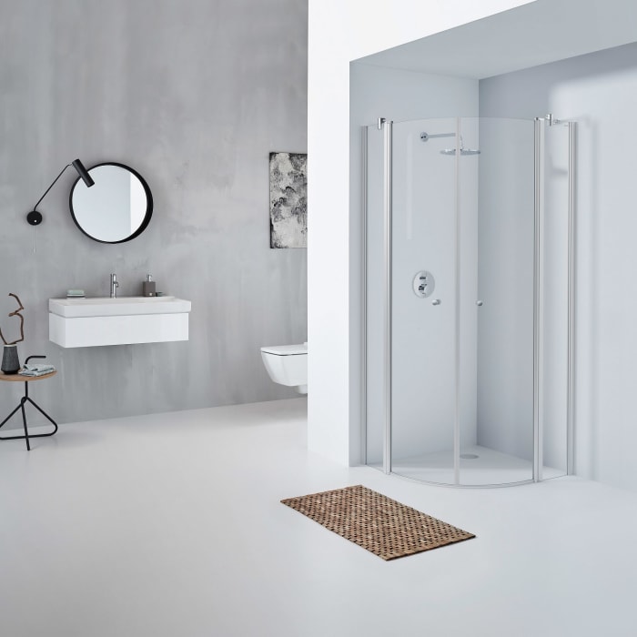 Koralle TwiggyPlus Viertelkreisdusche mit Pendeltür und Festelement 80 x 185 cm, Radius 52