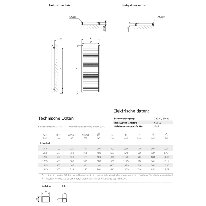 Kronenbach Cube E Elektro-Badheizkörper 50 x 151 cm  Heizpatrone links