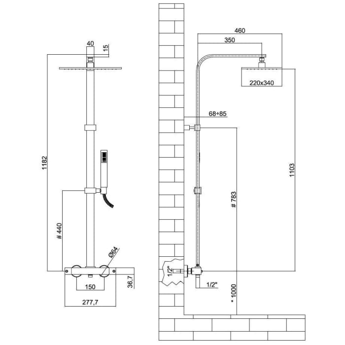 Kronenbach Duschsystem Aufputz mit Thermostat, eckig
