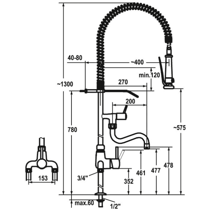 KWC Gastro Einhebel Spültisch-Zweiloch-Brückenbatterie mit erhöhtem Sockel, Ausladung 20 cm