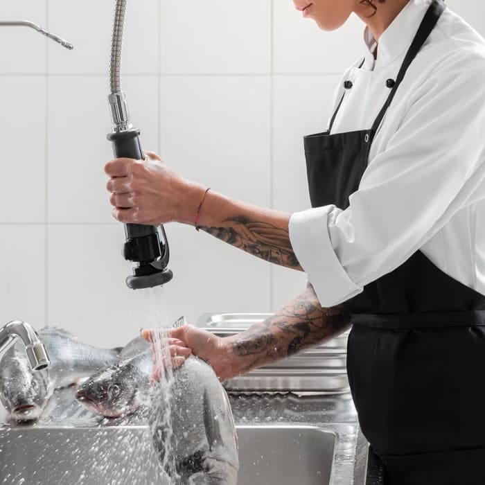 KWC Gastro Einhebel Spültisch-Zweiloch-Brückenbatterie mit Profi-Geschirrbrause für die Profiküche, Ausladung 30 cm