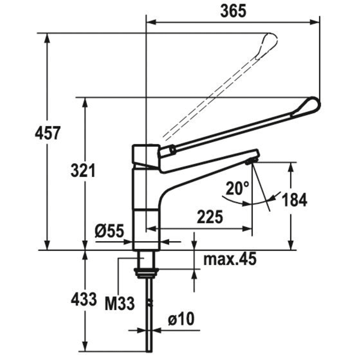 KWC Gastro Einhebel-Spütischbatterie mit langem Hebel für die Profiküche, Ausladung 22,5 cm