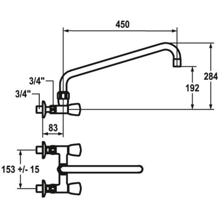 KWC Gastro Zweigriff-Spültisch-Wandbatterie mit Auslauf von oben für die Profiküche, Ausladung 45 cm