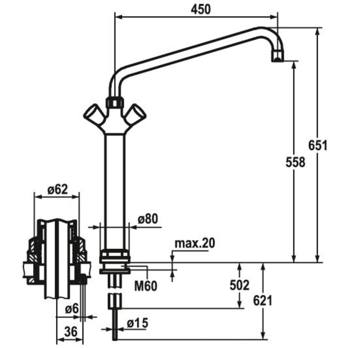 KWC Gastro Zweigriff-Spültischbatterie mit hohem Sockel für die Profiküche, Höhe 65,1 cm