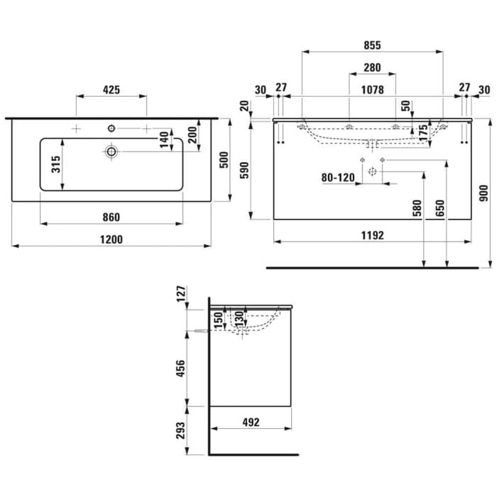 LAUFEN PRO S Set Base Waschtischkombination 120 x 50 cm mit 2 Hahnlöchern