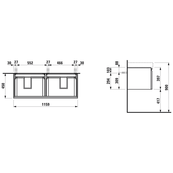 LAUFEN PRO S Waschtischunterbau 116 cm mit 2 Auszügen