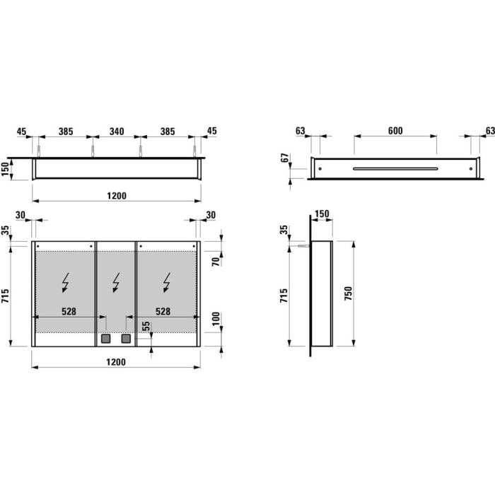 LAUFEN Frame 25 Spiegelschrank 120 x 75 cm mit 3 Türen und Ambiente Licht