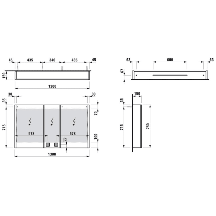 LAUFEN Frame 25 Spiegelschrank 130 x 75 cm mit 3 Türen und Ambiente Licht