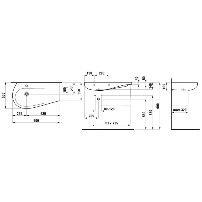 LAUFEN Alessi Waschtisch unterbaufähig 90 x 50 cm, ohne Hahnloch, mit Ablage rechts