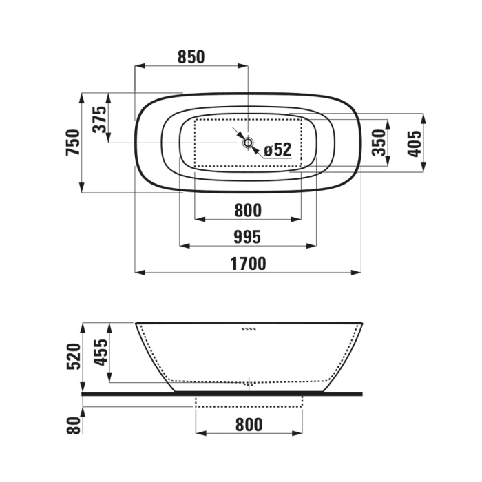 LAUFEN INO freistehende Ovalbadewanne 170 x 75 cm
