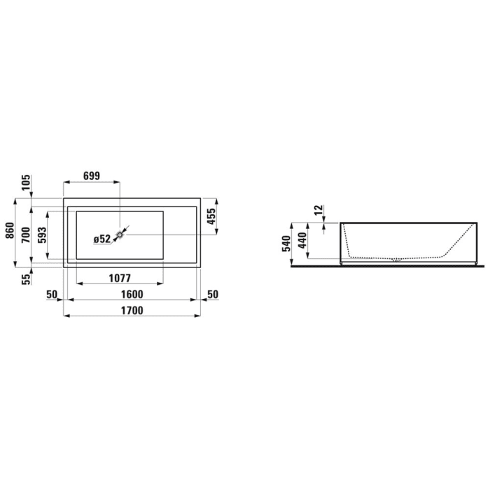 LAUFEN Kartell Rechteckbadewanne 170 x 86 cm, freistehend mit Kopfende rechts