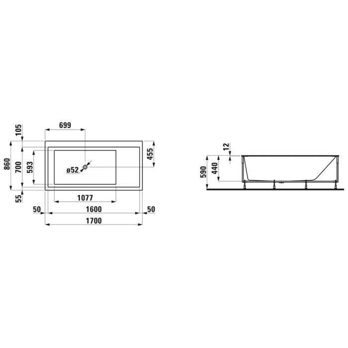 LAUFEN Kartell Rechteckbadewanne 170 x 86 cm Einbauversion, Ecke links