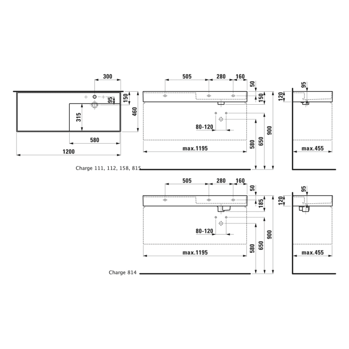 LAUFEN Kartell Waschtisch 120 x 46 cm, mit Ablage links, mit 1 Hahnloch