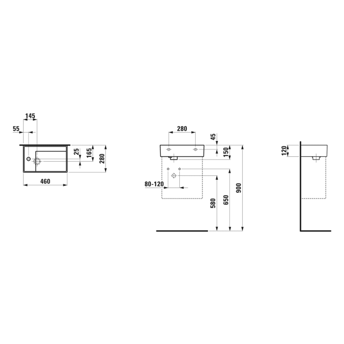 LAUFEN Kartell Handwaschbecken 46 x 28 cm ohne Hahnlochbohrung, Armaturenbank links