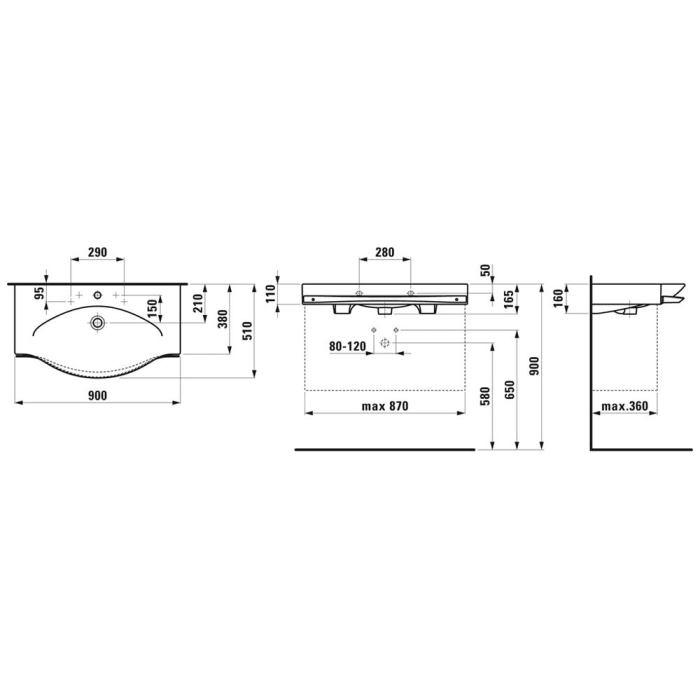 LAUFEN Palace Waschtisch 90 cm mit Überlauf und 3 Hahnlöchern, mit Handtuchhalter