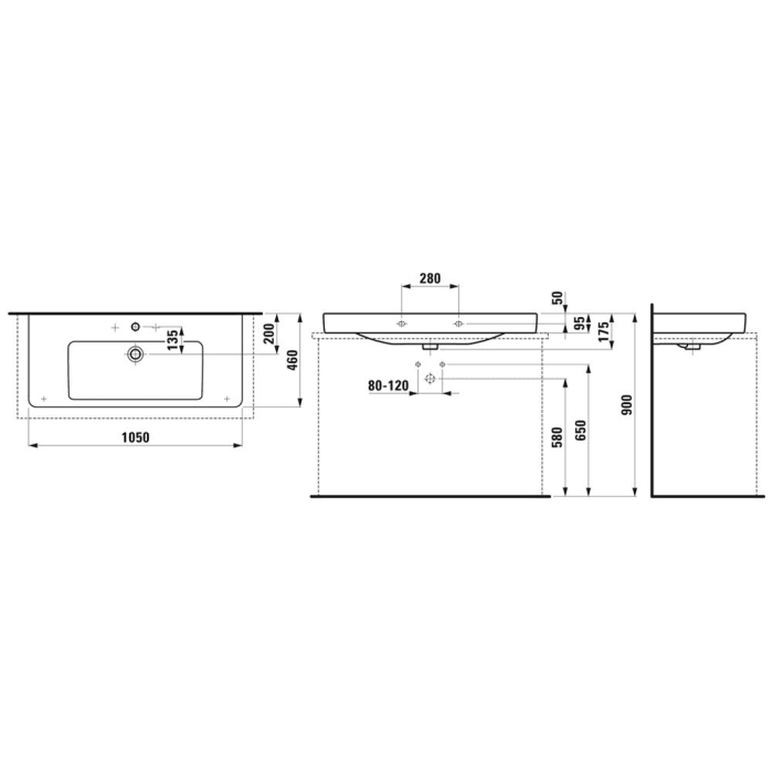 LAUFEN PRO S Aufsatzwaschtisch 105 cm ohne Hahnloch, mit Überlauf