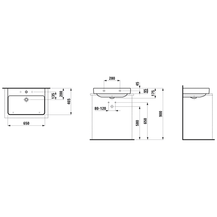 LAUFEN PRO S Aufsatzwaschtisch 65 cm mit 3 Hahnlöchern und Überlauf