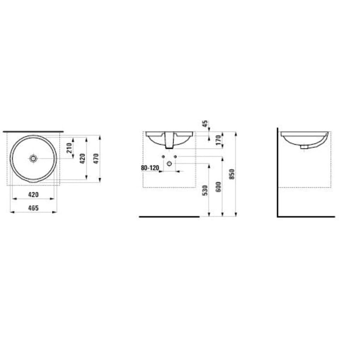 LAUFEN PRO B Einbauwaschtisch 46,5 cm von unten, ohne Hahnloch und Überlauf