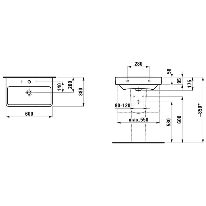 LAUFEN PRO S Compact Waschtisch 60 cm, ohne Hahnloch, ohne Überlauf