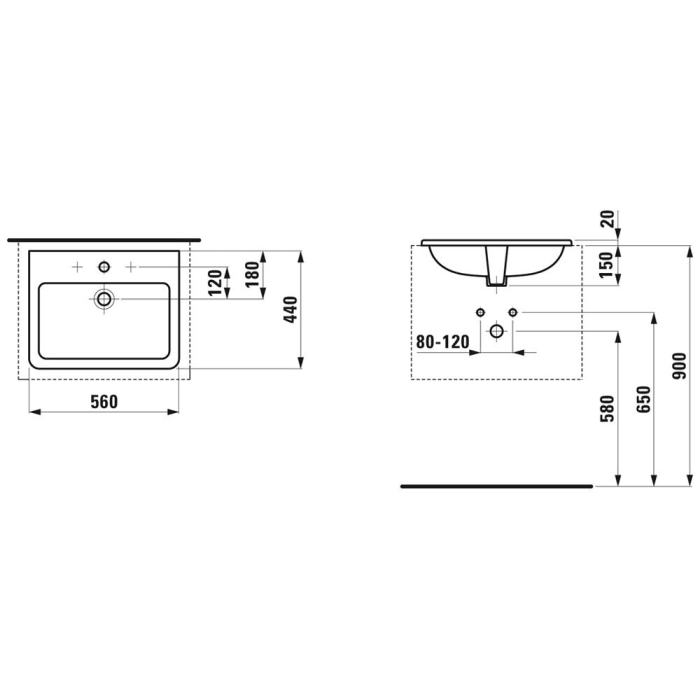 LAUFEN PRO S Einbauwaschtisch 56 cm von oben mit Hahnloch und Überlauf