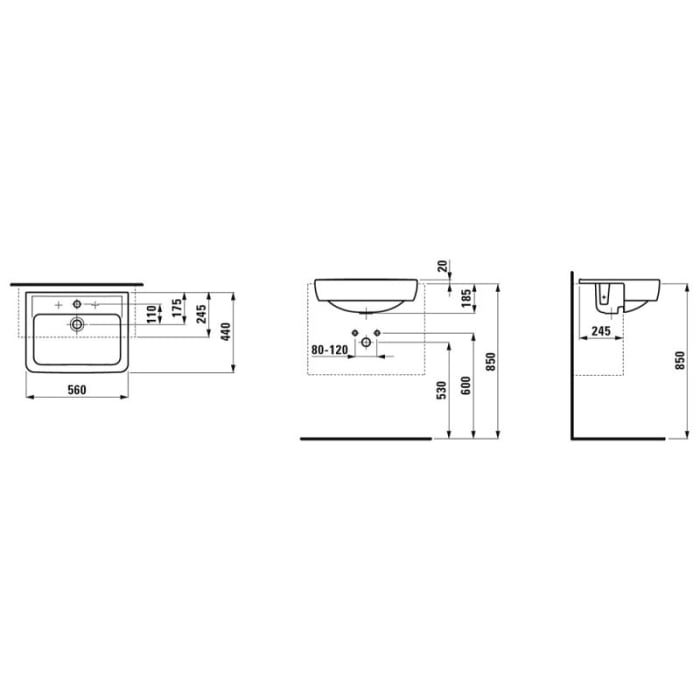 LAUFEN PRO A Halbeinbauwaschtisch 56 x 44 cm, mit 1 Hahnloch