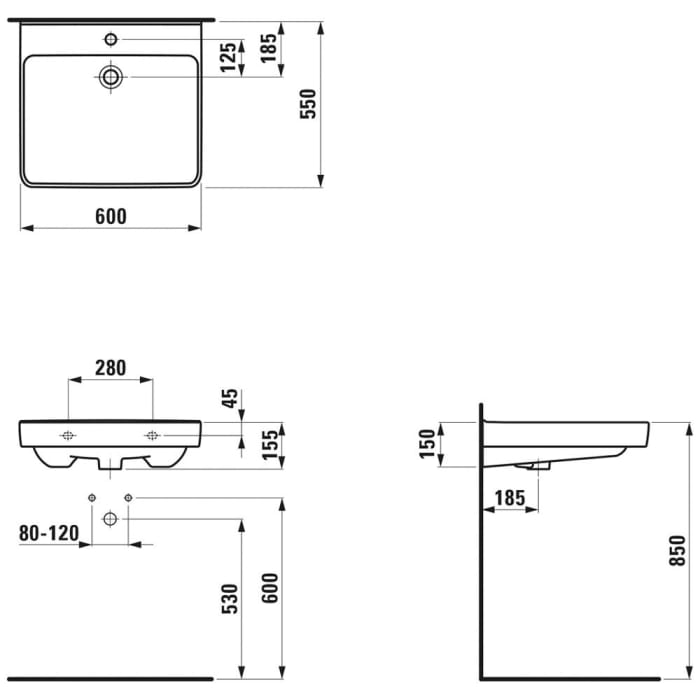 LAUFEN PRO LIBERTY Waschtisch ohne Hahnloch, mit Überlauf 60 x 55 cm