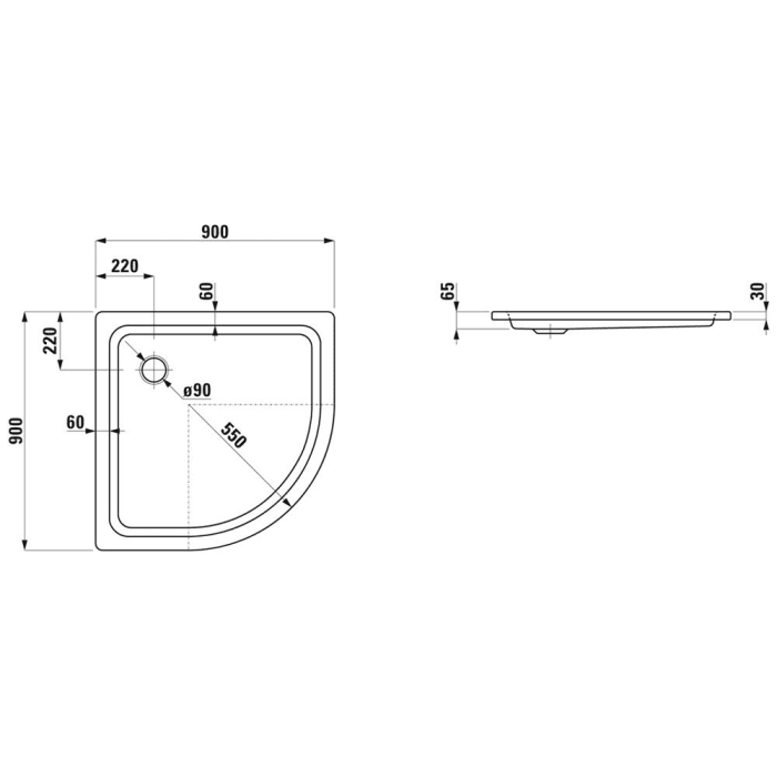 LAUFEN Platina Viertelkreis Duschwanne 90 x 90 x 6,5 cm ohne Antislip