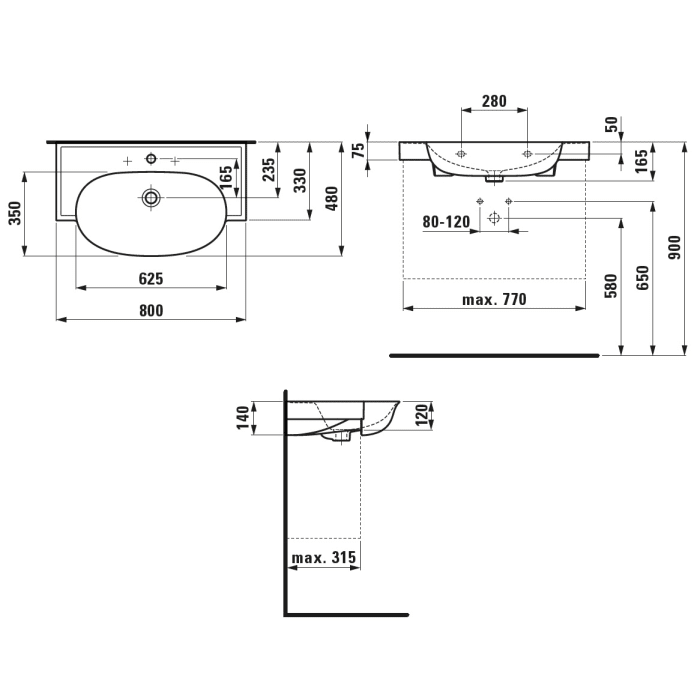 LAUFEN The New Classic Möbelwaschtisch 80 x 48 cm, ohne Hahnloch, mit Überlauf