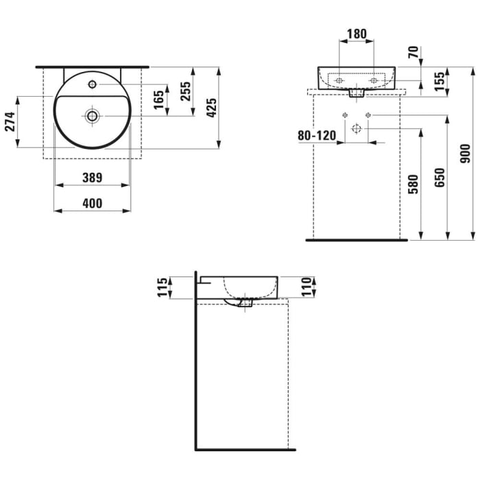 LAUFEN Val Aufsatzhandwaschbecken wandmontiert 40 x 42,5 cm mit 1 Hahnloch, mit Überlauf