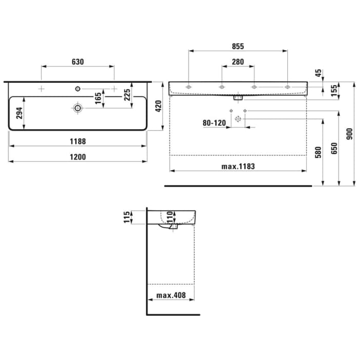LAUFEN Val Waschtisch, unterbaufähig 120 x 42 cm, ohne Hahnloch, mit Überlauf