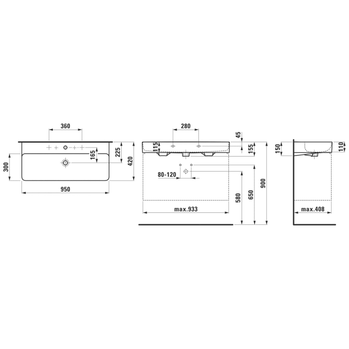 LAUFEN Val Waschtisch, unterbaufähig 95 x 42 cm mit 2 Hahnlöcher, ohne Überlauf