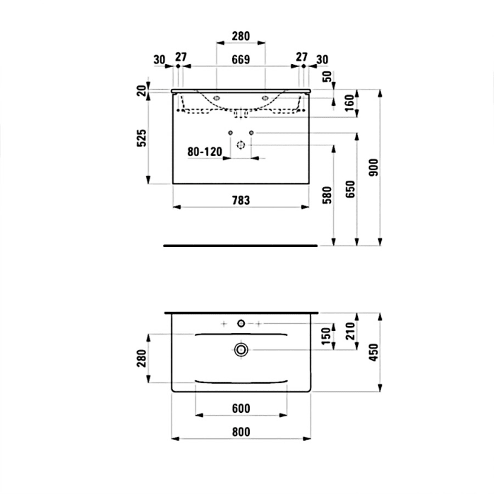 LAUFEN Palace Waschtischkombination 80 cm mit Griffleiste eloxiert
