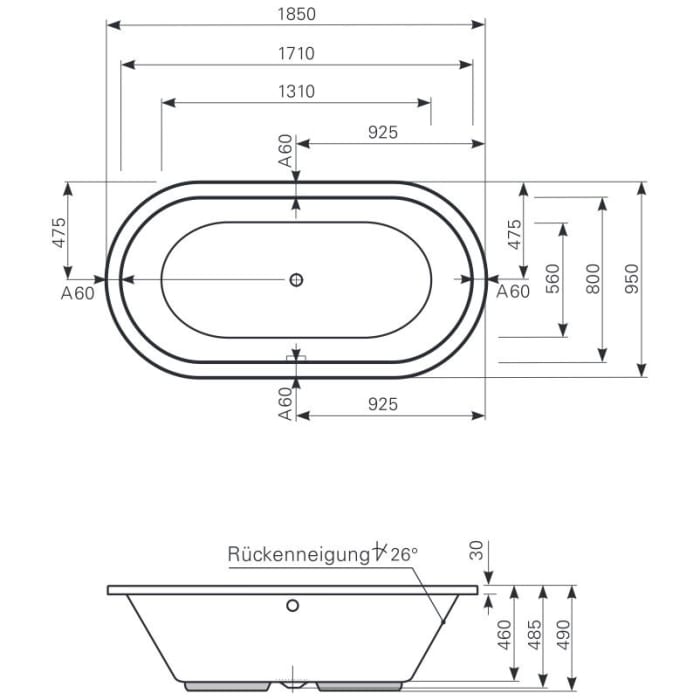 Mauersberger Oval-Badewanne Crispa Duo 185 x 95 cm