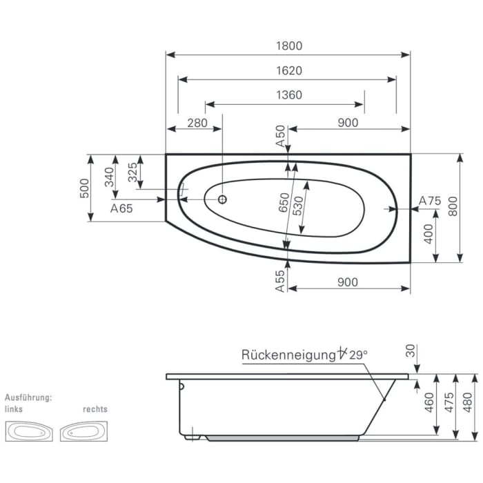 Mauersberger Raumsparbadewanne Bombax 180 links