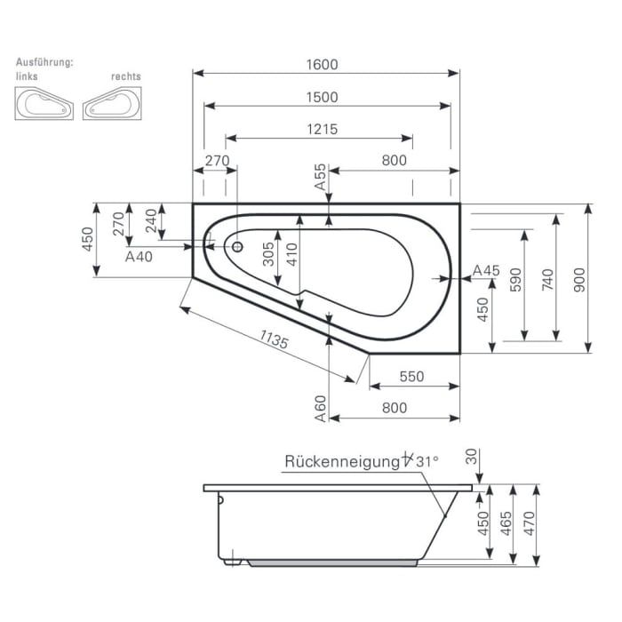 Mauersberger Raumsparbadewanne Stricta 160 rechts