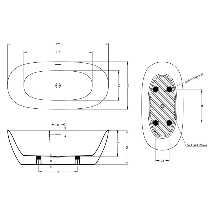 Home freistehende Badewanne 170 x 80 cm