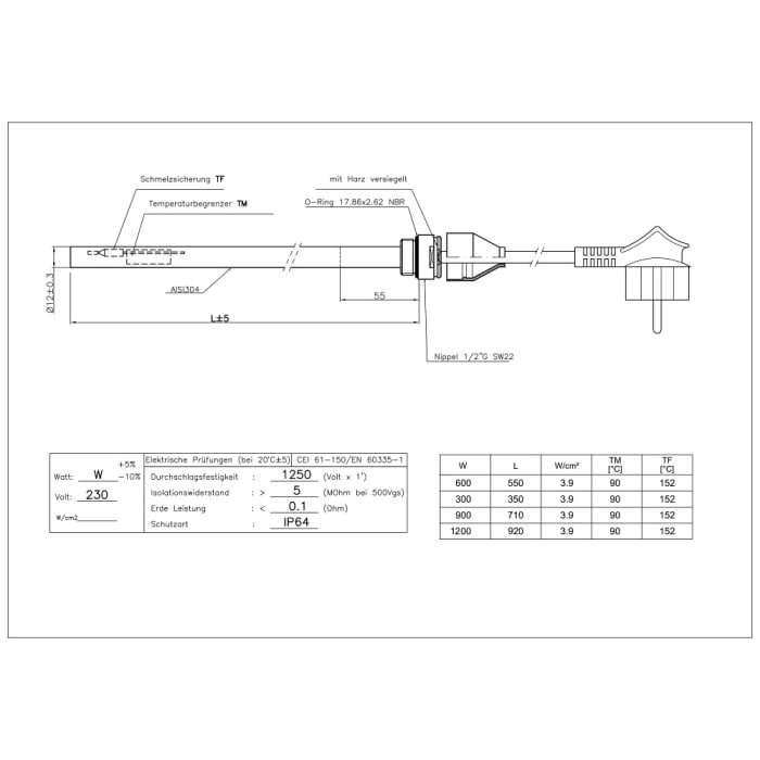 Heizstab Modell 1, 1200 Watt