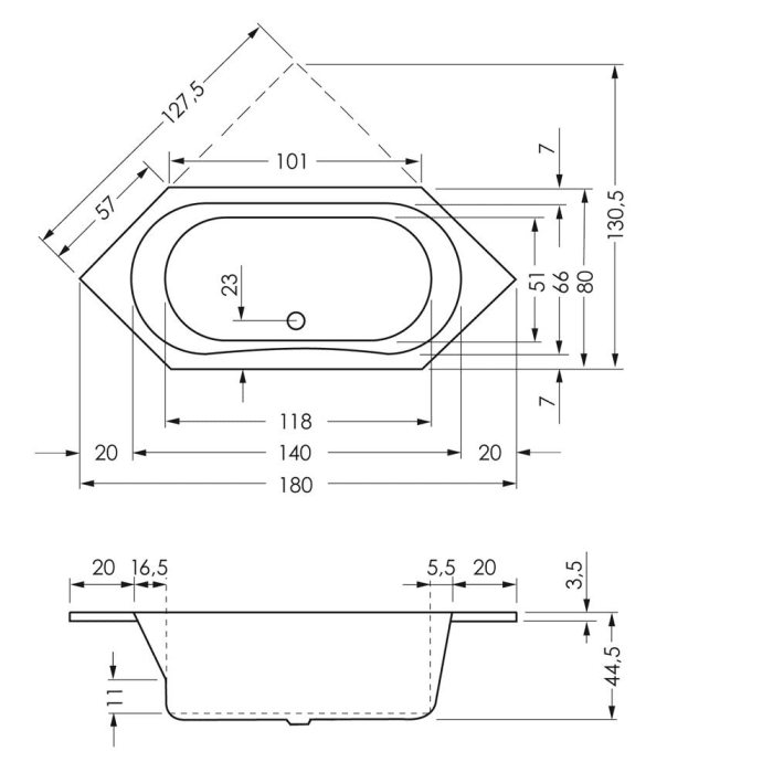 Steinkamp Life Sechseckbadewanne 180 x 80 cm
