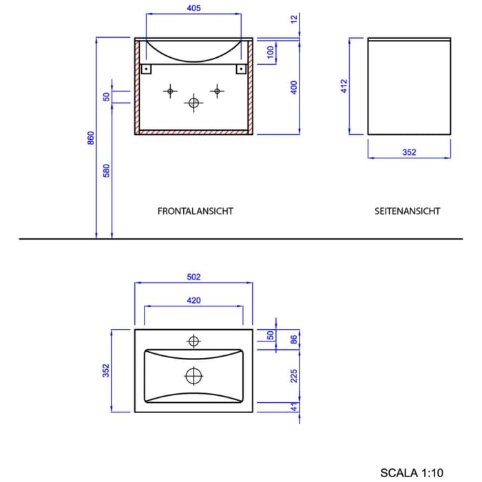 progettobagno Enea 50 Gästewaschtischkombination mit Glaswaschtisch 50 cm, Türanschlag rechts