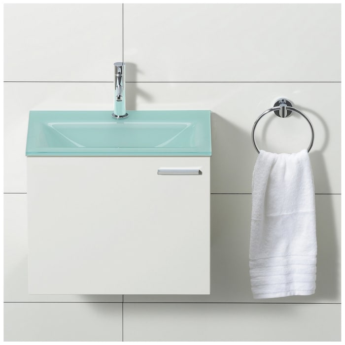 progettobagno Enea 50 Gästewaschtischkombination mit Glaswaschtisch 50 cm, Türanschlag links