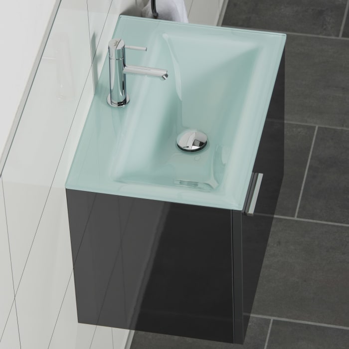 progettobagno Enea 50 Gästewaschtischkombination mit Glaswaschtisch 50 cm, Türanschlag rechts